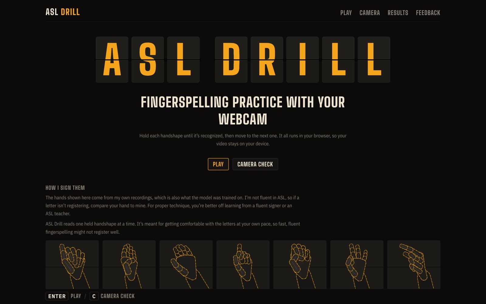 ASL Drill home page: the title on split-flap tiles, a Play button, and hand-drawn reference handshapes for the alphabet.